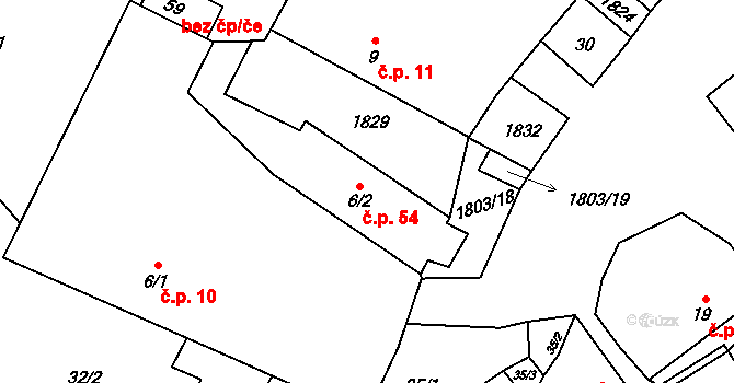 Pocoucov 54, Třebíč na parcele st. 6/2 v KÚ Pocoucov, Katastrální mapa