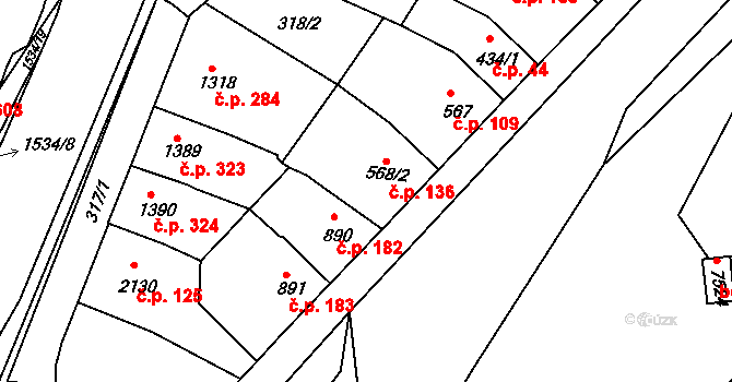 Stařečka 136, Třebíč na parcele st. 568/2 v KÚ Třebíč, Katastrální mapa