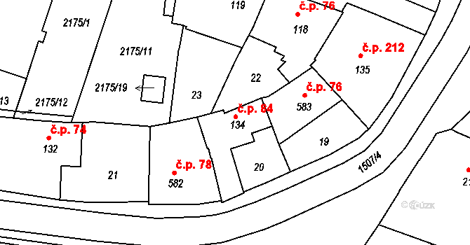 Jejkov 84, Třebíč na parcele st. 134 v KÚ Třebíč, Katastrální mapa