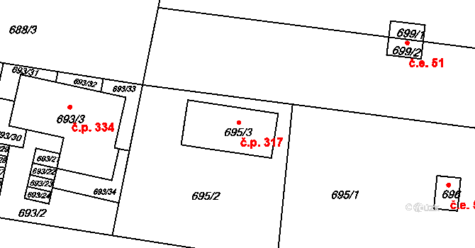 Přízřenice 317, Brno na parcele st. 695/3 v KÚ Přízřenice, Katastrální mapa
