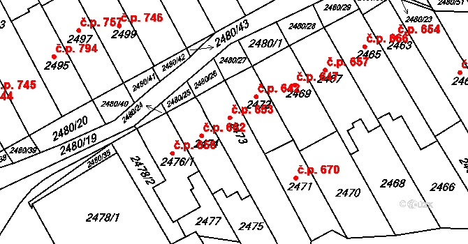 Maloměřice 653, Brno na parcele st. 2473 v KÚ Maloměřice, Katastrální mapa