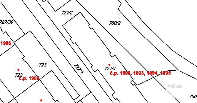 Pelhřimov 1895 na parcele st. 727/4 v KÚ Pelhřimov, Katastrální mapa