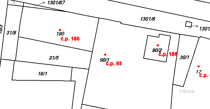 Vysoká nad Labem 93 na parcele st. 90/1 v KÚ Vysoká nad Labem, Katastrální mapa