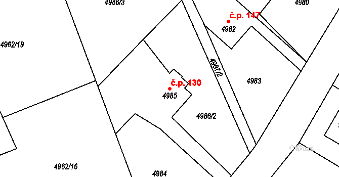 Lískovec 130, Frýdek-Místek na parcele st. 4985 v KÚ Lískovec u Frýdku-Místku, Katastrální mapa