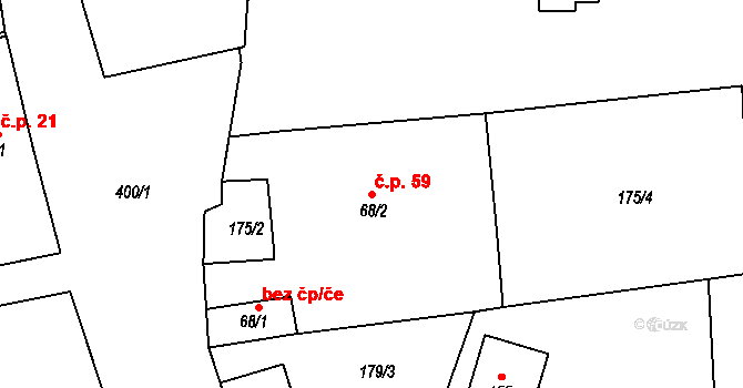 Mezouň 59 na parcele st. 68/2 v KÚ Mezouň, Katastrální mapa
