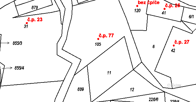 Drahobudice 77 na parcele st. 105 v KÚ Drahobudice, Katastrální mapa