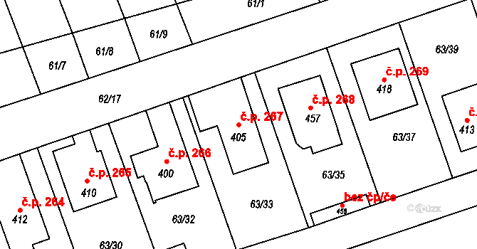 Luštěnice 267 na parcele st. 405 v KÚ Luštěnice, Katastrální mapa