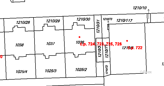 Háje 723,724,725,726, Praha na parcele st. 1036 v KÚ Háje, Katastrální mapa