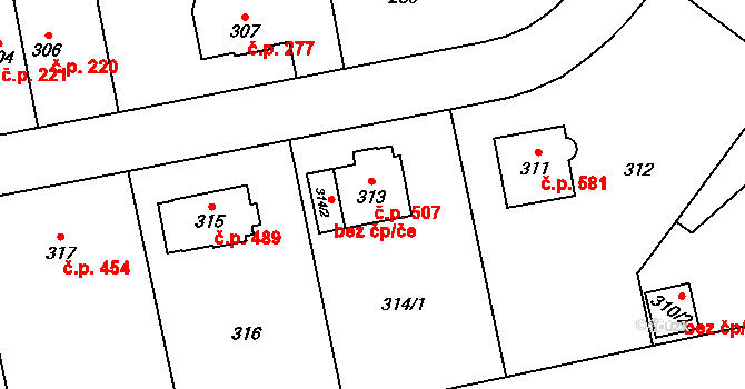 Kyje 507, Praha na parcele st. 313 v KÚ Kyje, Katastrální mapa