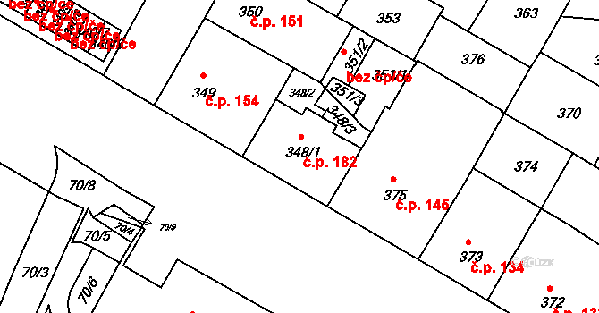 Záběhlice 182, Praha na parcele st. 348/1 v KÚ Záběhlice, Katastrální mapa