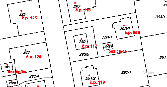 Horní Měcholupy 117, Praha na parcele st. 289 v KÚ Horní Měcholupy, Katastrální mapa