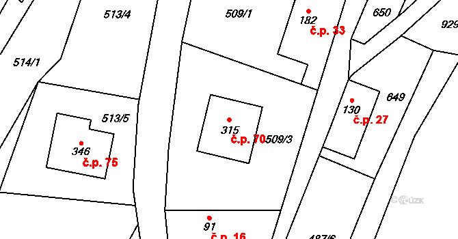 Tihava 70, Kotopeky na parcele st. 315 v KÚ Kotopeky, Katastrální mapa