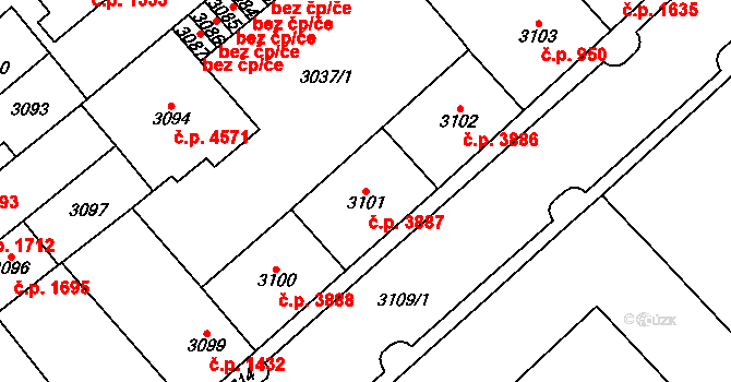 Chomutov 3887 na parcele st. 3101 v KÚ Chomutov I, Katastrální mapa