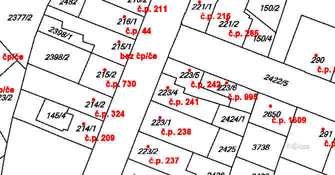 Rosice 241 na parcele st. 223/4 v KÚ Rosice u Brna, Katastrální mapa