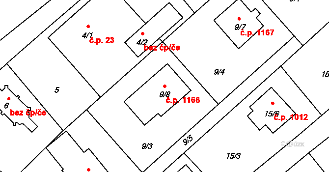 Ráj 1166, Karviná na parcele st. 9/8 v KÚ Ráj, Katastrální mapa