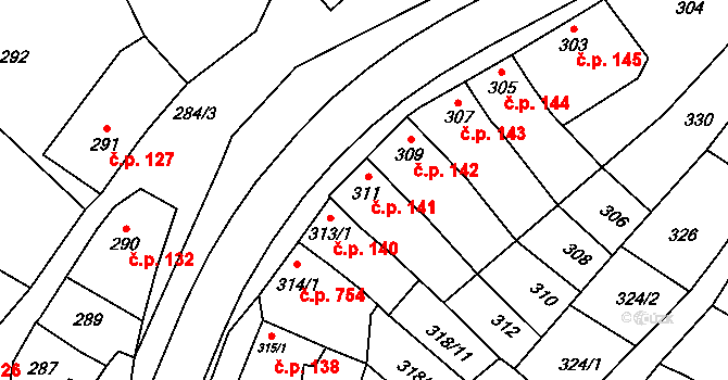 Pozořice 141 na parcele st. 311 v KÚ Pozořice, Katastrální mapa