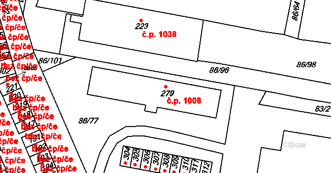 Borovina 1008, Třebíč na parcele st. 279 v KÚ Řípov, Katastrální mapa