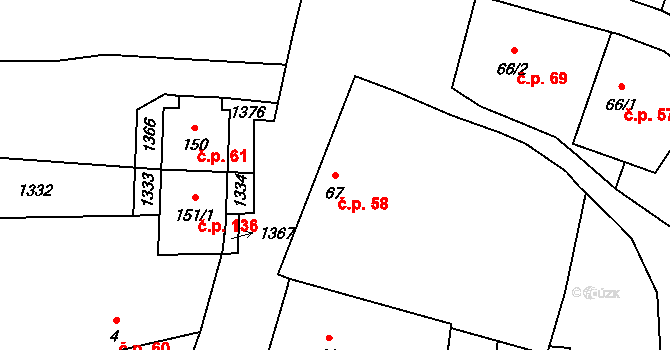 Krpy 58, Kropáčova Vrutice na parcele st. 67 v KÚ Krpy, Katastrální mapa
