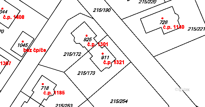 Rudná 1321 na parcele st. 911 v KÚ Hořelice, Katastrální mapa