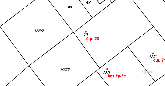 Horky 23, Želetava na parcele st. 13 v KÚ Horky u Želetavy, Katastrální mapa