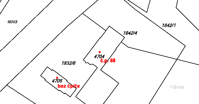 Rožnov pod Radhoštěm 58 na parcele st. 4704 v KÚ Rožnov pod Radhoštěm, Katastrální mapa