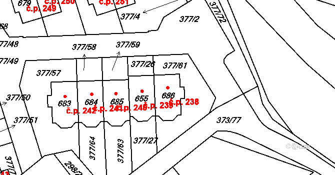 Kvíček 238, Slaný na parcele st. 686 v KÚ Kvíc, Katastrální mapa