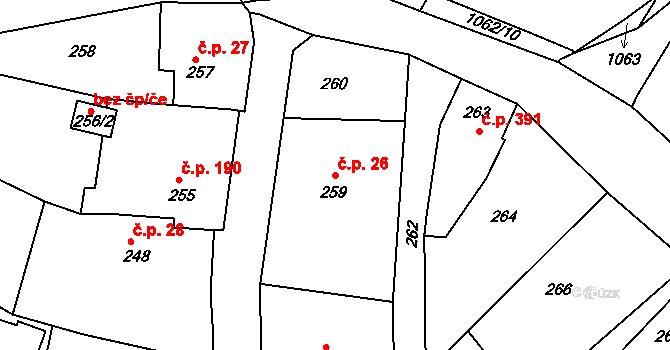 Bystřice nad Pernštejnem 26 na parcele st. 259 v KÚ Bystřice nad Pernštejnem, Katastrální mapa