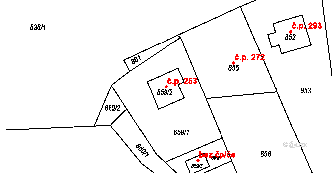 Zádveřice 253, Zádveřice-Raková na parcele st. 859/2 v KÚ Zádveřice, Katastrální mapa