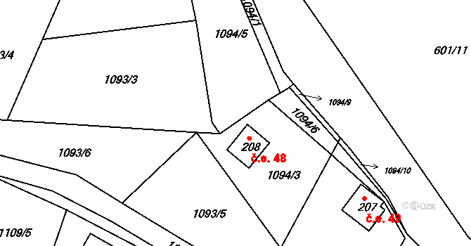 Podkopná Lhota 48 na parcele st. 208 v KÚ Podkopná Lhota, Katastrální mapa