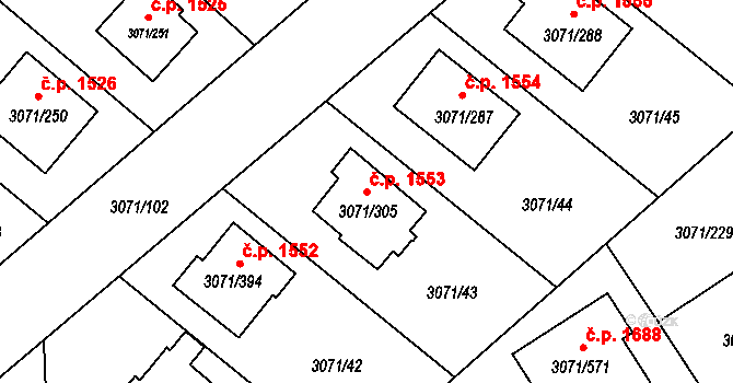 Hlučín 1553 na parcele st. 3071/305 v KÚ Hlučín, Katastrální mapa