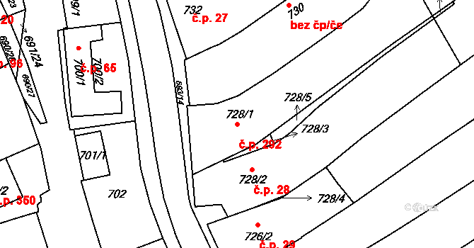 Těšov 292, Uherský Brod na parcele st. 728/1 v KÚ Těšov, Katastrální mapa