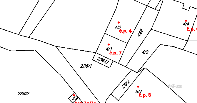 Úherčice 7 na parcele st. 4/1 v KÚ Úherčice, Katastrální mapa