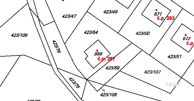 Prachovice 267 na parcele st. 869 v KÚ Prachovice, Katastrální mapa