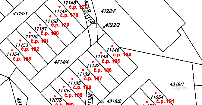 Cihelna 185, Pardubice na parcele st. 11143 v KÚ Pardubice, Katastrální mapa