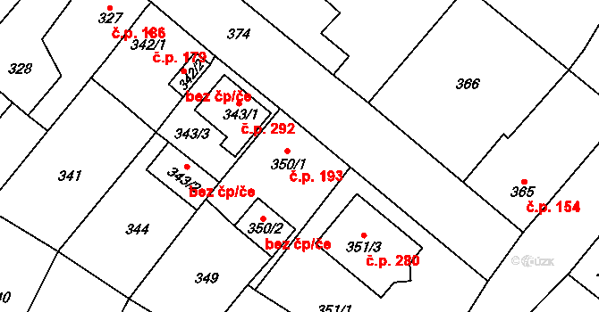 Kozolupy 193 na parcele st. 350/1 v KÚ Kozolupy u Plzně, Katastrální mapa