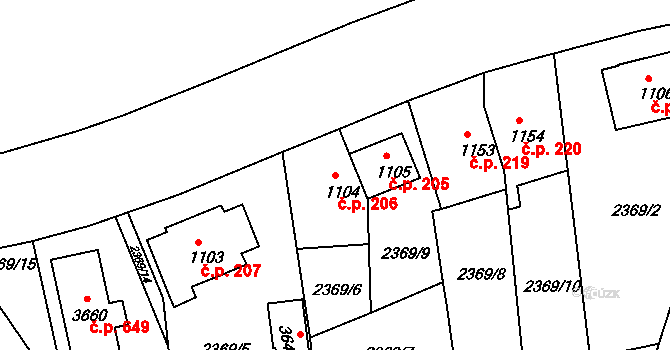 Týnské Předměstí 206, Domažlice na parcele st. 1104 v KÚ Domažlice, Katastrální mapa