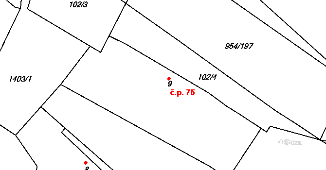 Hornická Čtvrť 75, Chvaletice na parcele st. 9 v KÚ Chvaletice, Katastrální mapa