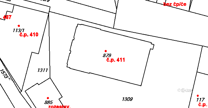 Chvaletice 411 na parcele st. 879 v KÚ Telčice, Katastrální mapa