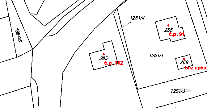 Srnín 112 na parcele st. 285 v KÚ Srnín, Katastrální mapa