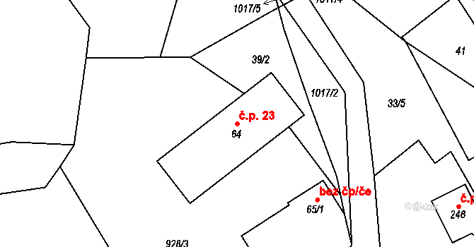 Bušín 23 na parcele st. 64 v KÚ Bušín, Katastrální mapa