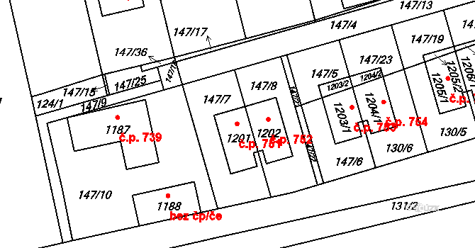 Prštné 751, Zlín na parcele st. 1201 v KÚ Prštné, Katastrální mapa