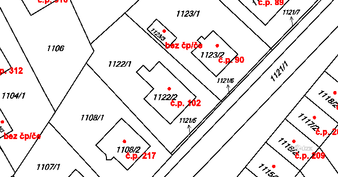 Kopřivnice 102 na parcele st. 1122/2 v KÚ Kopřivnice, Katastrální mapa