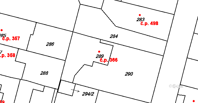 Kamenice nad Lipou 366 na parcele st. 289 v KÚ Kamenice nad Lipou, Katastrální mapa