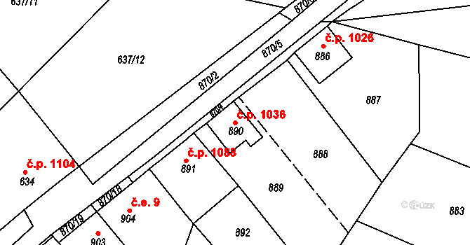 Vejprty 1036 na parcele st. 890 v KÚ Vejprty, Katastrální mapa