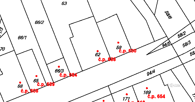 Podivín 688 na parcele st. 62 v KÚ Podivín, Katastrální mapa