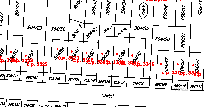 Znojmo 3318 na parcele st. 304/68 v KÚ Znojmo-Louka, Katastrální mapa