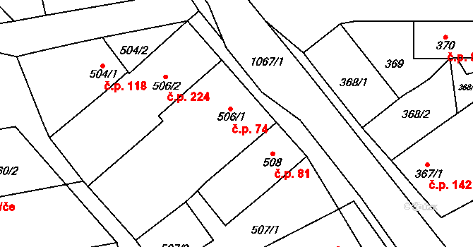 Uhřičice 74 na parcele st. 506/1 v KÚ Uhřičice, Katastrální mapa