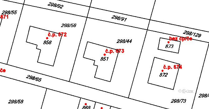 Horoměřice 673 na parcele st. 851 v KÚ Horoměřice, Katastrální mapa