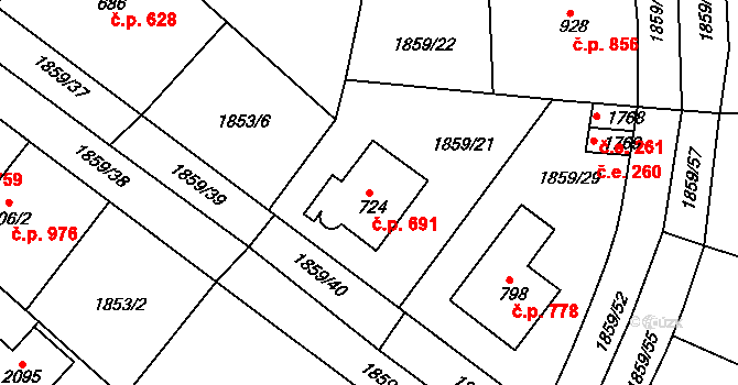 Tišnov 691 na parcele st. 724 v KÚ Tišnov, Katastrální mapa