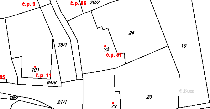 Bouzov 57 na parcele st. 72 v KÚ Bouzov, Katastrální mapa
